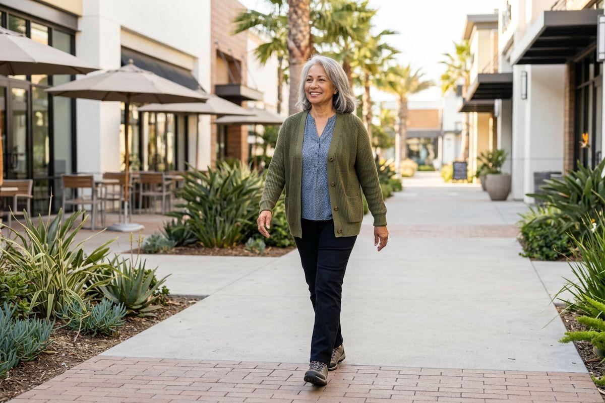 Senior adult walking confidently along a sunny, tree-lined pedestrian path in a modern Oxnard neighborhood district on a bright afternoon.