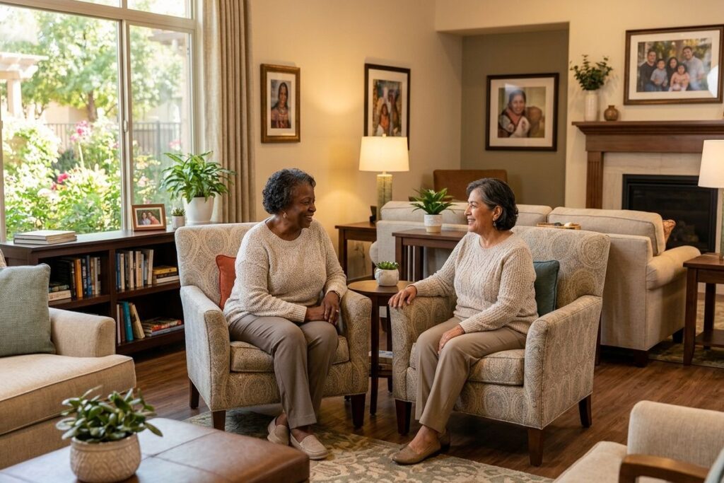 seniors sit on a couch chatting