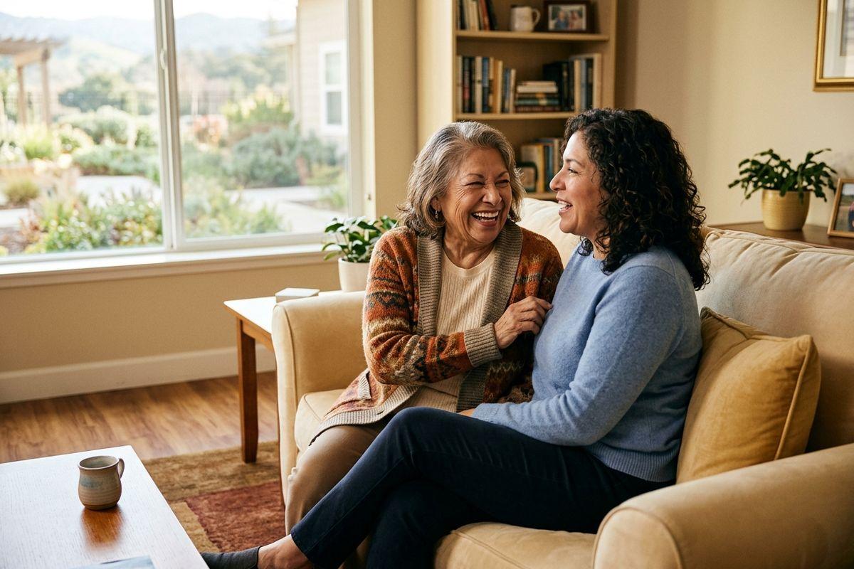 Two adults sit close together on a sofa, laughing, in a sunny living room with a large window and bookshelf.